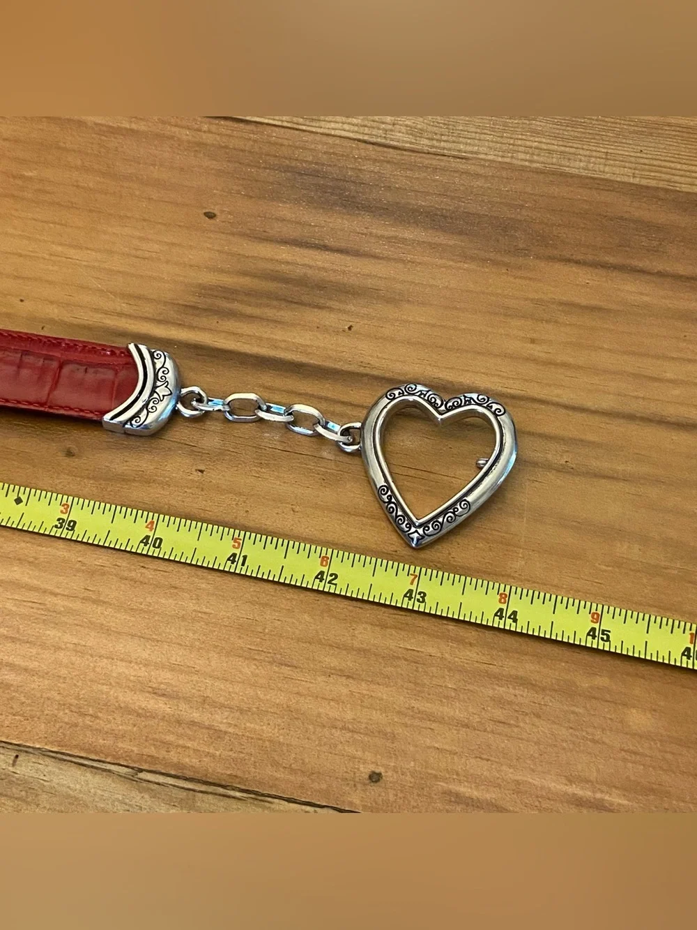 Red Leather Embosses Belt with Silver Chain and Heart Buckle